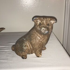 Signed Vintage McCarty Pottery Nutmeg w/ blue Wilbur Pig Figurine 4.5 in tall.